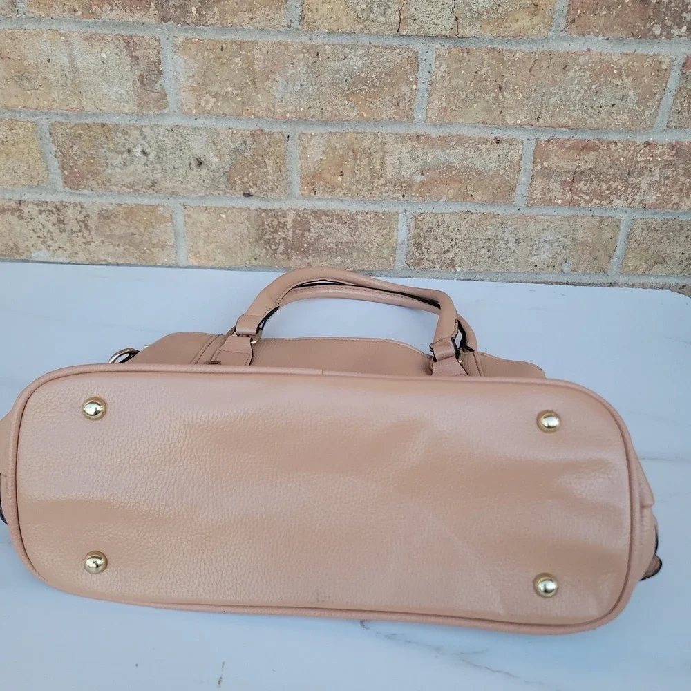 Tan Faux Leather Satchel Handbag Gold Tone‎ Hardware Multi Compartment Tote Bag